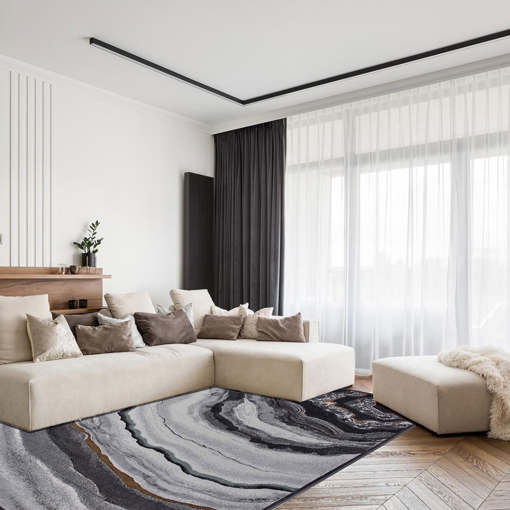 Tapis Gabrielle – lignes naturelles gris et or