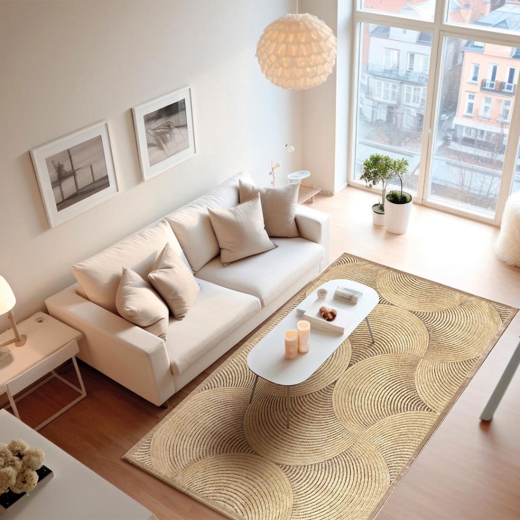 Salon avec tapis or et mobilier contemporain – Italy Dream Design