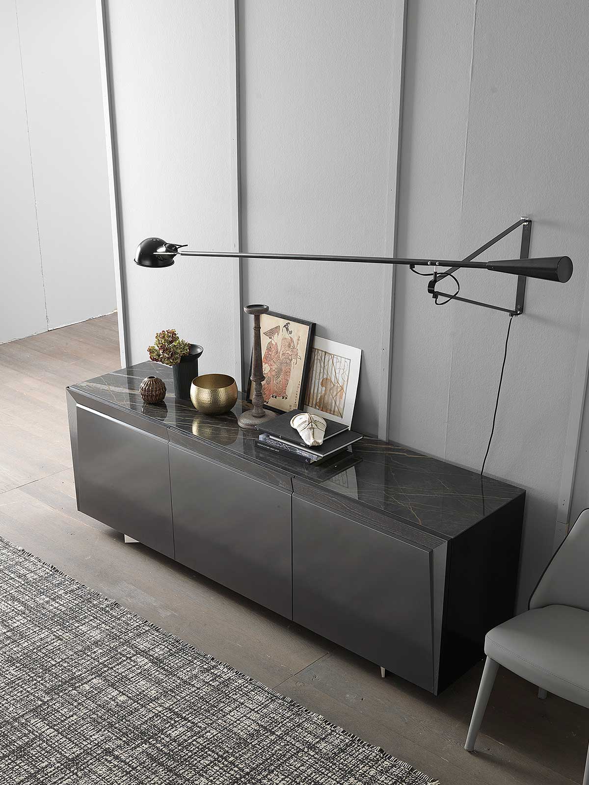 3 doors sideboard designed by Andrea Lucatello and made in Italy. Black ceramic top, anthracite grey frame. Glass shelves, no handles. Free home delivery.