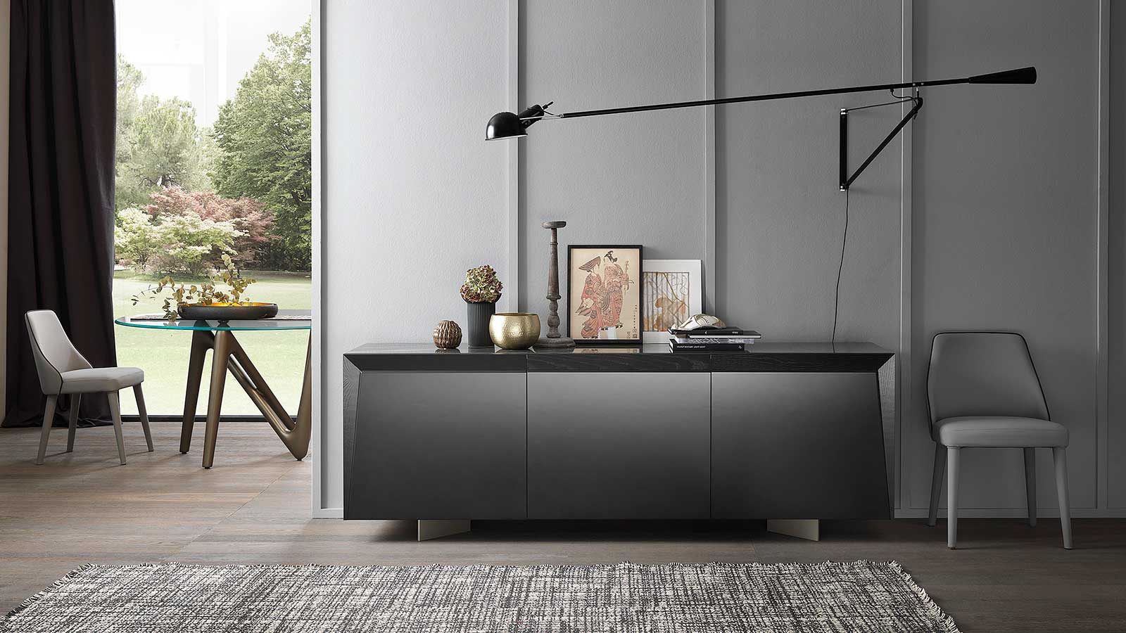 3 doors sideboard designed by Andrea Lucatello and made in Italy. Black ceramic top, anthracite grey frame. Glass shelves, no handles. Free home delivery.