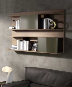 HUGO Libreria da parete : Frassino tinto noce con ante scorrevoli in vetro color bronzo opaco