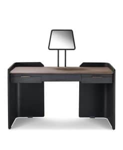 Scrittoio vanity interamente rivestito in pelle con piano in noce Canaletto. Design Umberto Asnago. Made in Italy. Vendita online di arredamento di qualità.