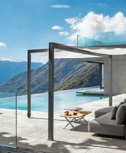 Luxueux gazebo rétractable avec une voile d'ombrage intégrée. Aluminium, LED, roulettes, système à charnière. 2,8 x 2,8 mètres. Livraison à domicile offerte