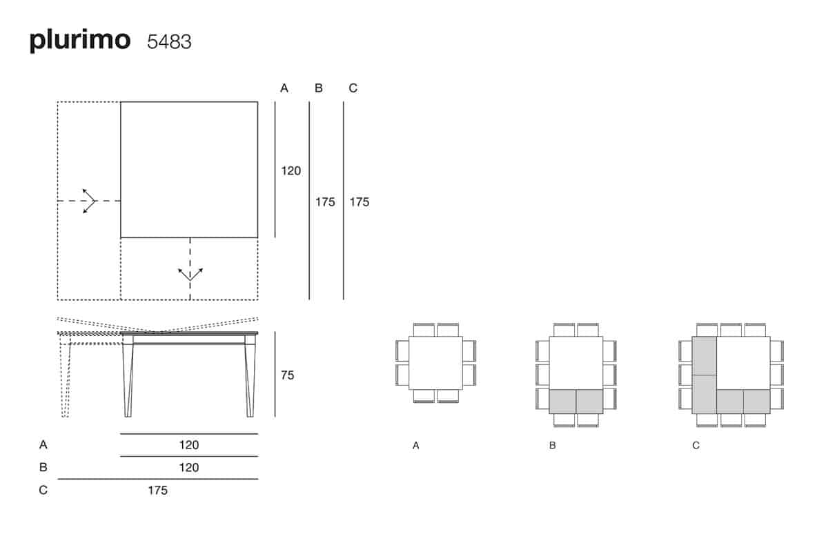 Plurimo square transformable table. Design by Hanno Giesler