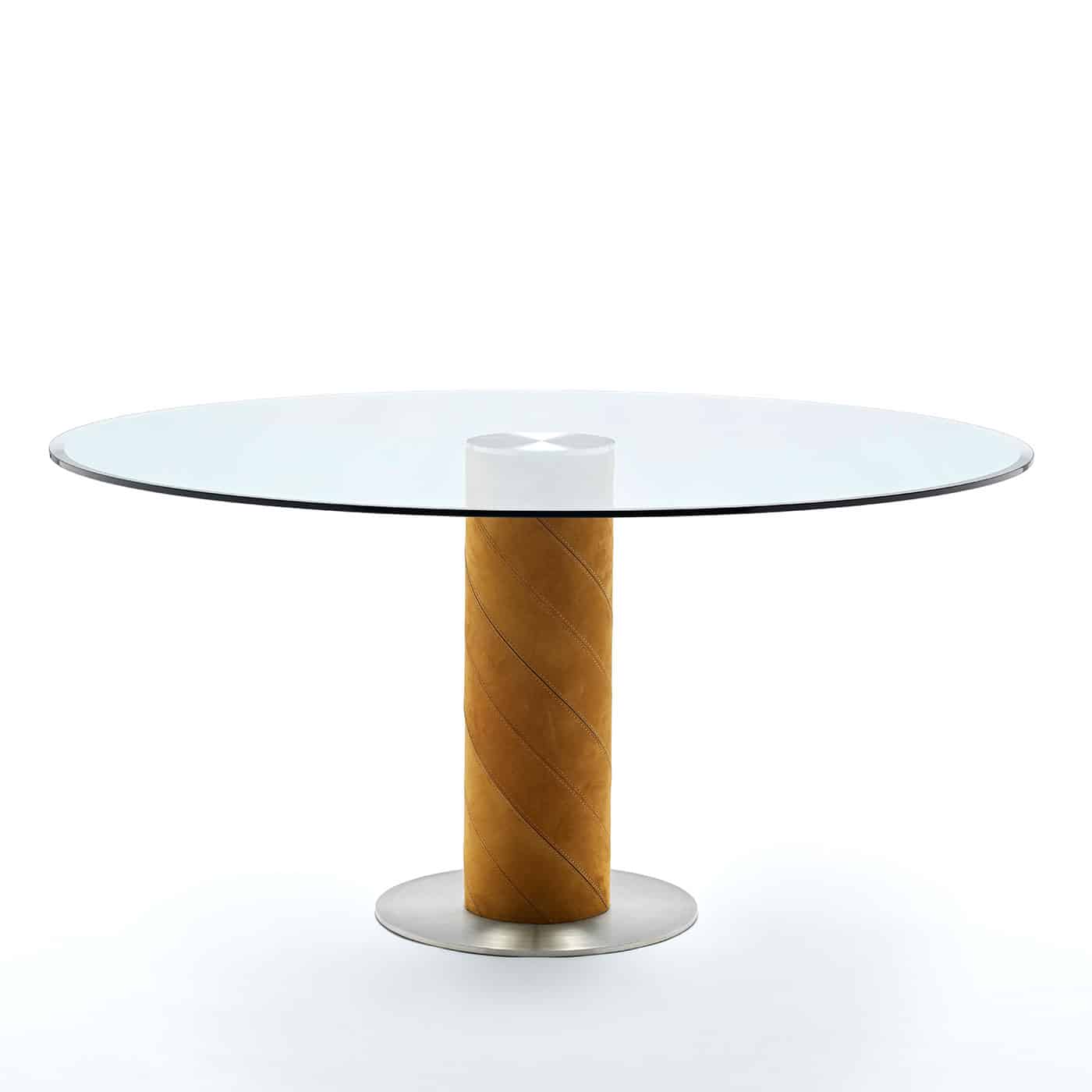 Tavolo rotondo con base in pelle e acciaio. Design G. Vegni. Made in Italy. Consegna gratis a domicilio.