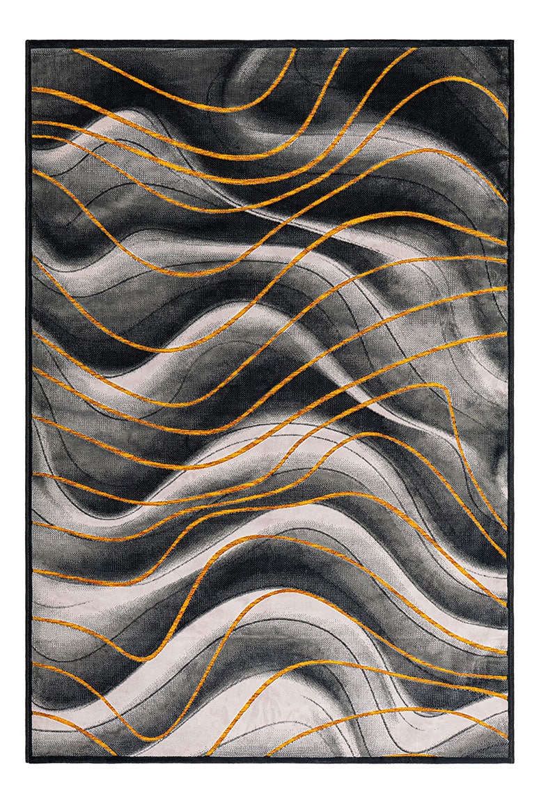 Tapis rectangulaire gris avec motif à ondes 3D et accents jaune-orange