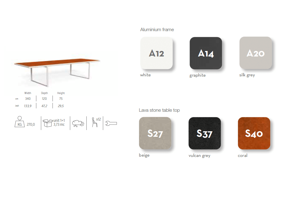 Trex outdoor table with coral lava stone top 340 x 120 cm