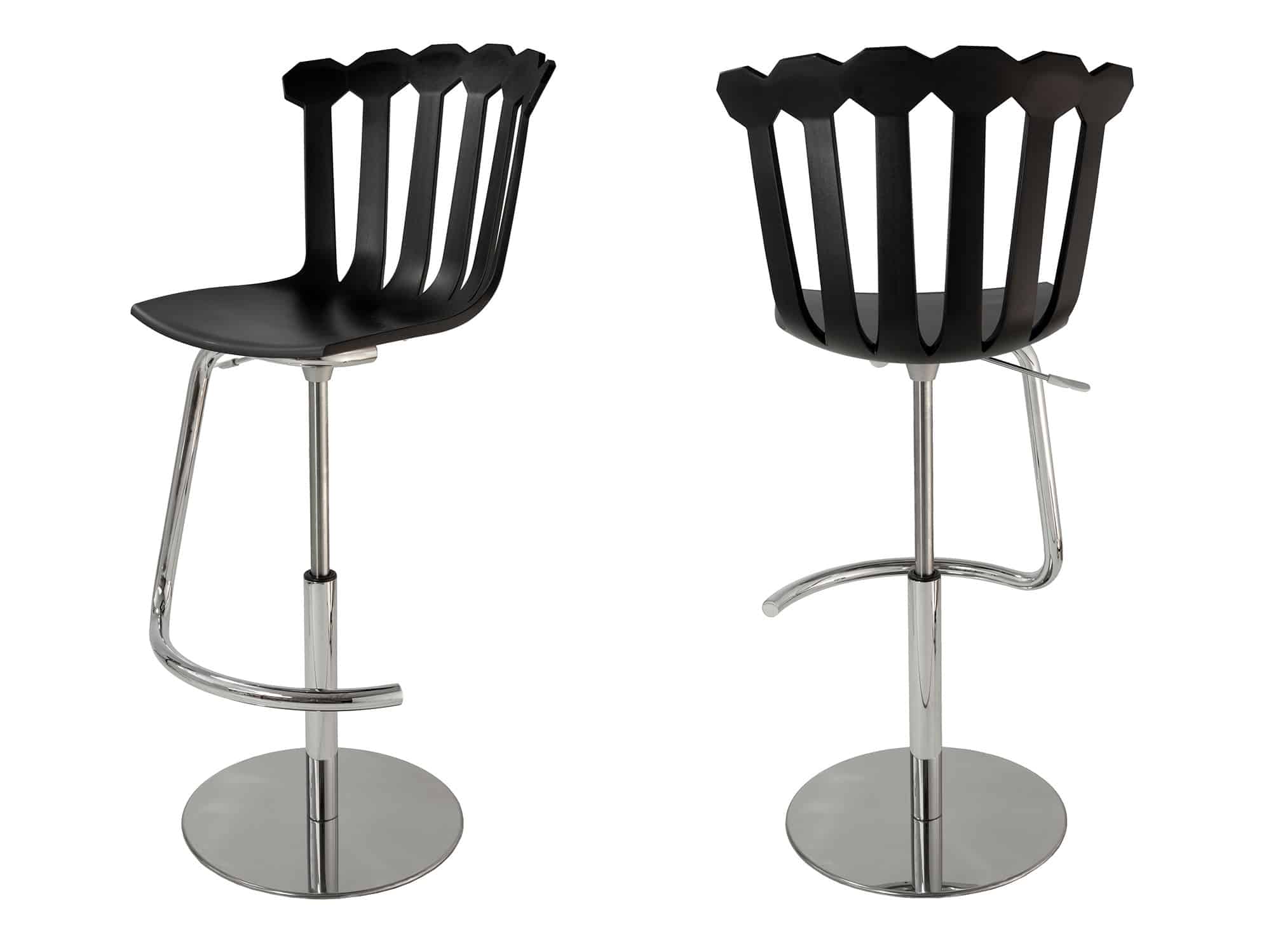 Sgabello girevole da bar regolabile in altezza con poggiapiedi. Acciaio cromato e tecnopolimero bianco, nero o ocra. Vendita online. Consegna a domicilio.