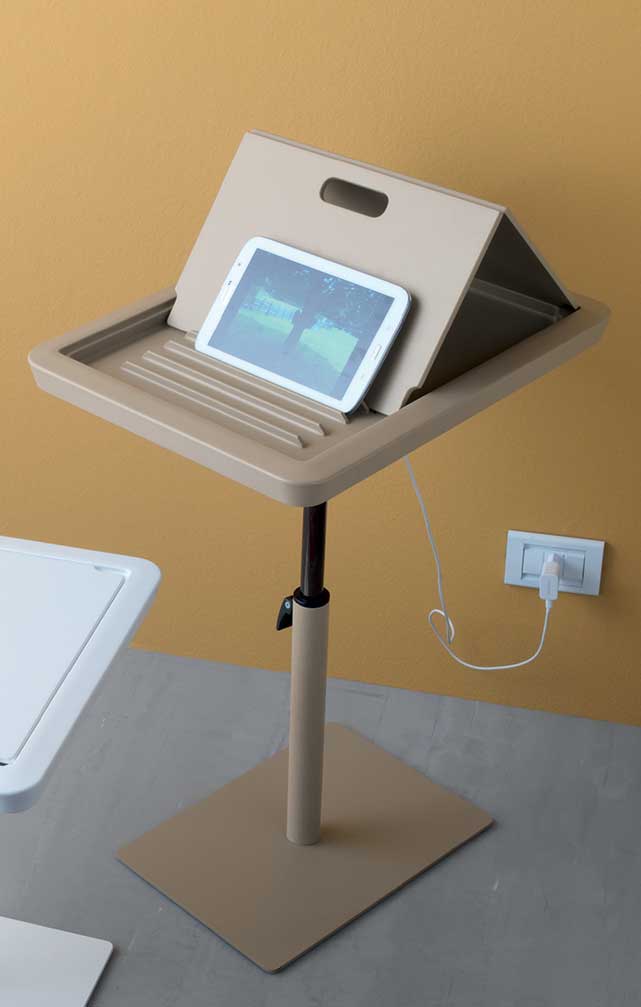 Adjustable tablet holder with opening compartment
